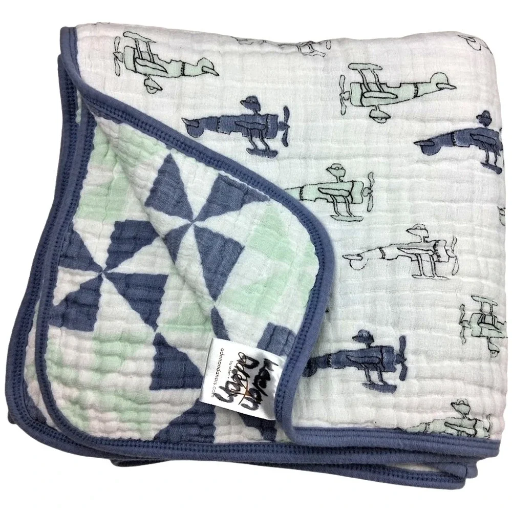 Aden + Anais Dream Blanket Airplane Pinwheel Blue Green‎ White Thicker 40x40 Boy